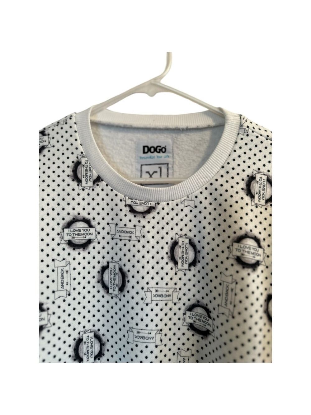 Womens XL Fleece Sweatshirt "I LOVE YOU to the MOON & Back" White Polka Dot CUTE